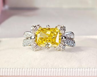 Elegant 2.50ct Cushion-cut  Canary Yellow Diamond Statement Ring | Butterfly Motif | Solid 925 Silver 18K White Gold Plated | Gift For Her