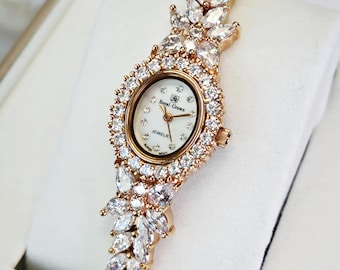 Elegant Ladies Dress Watch • Flower-shaped Case Mother of Pearl Dial Face AA Grade Simulated Diamond Rose Gold Plated • Best Gift For Her