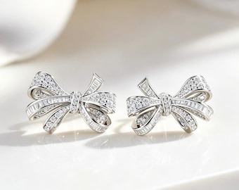 Dazzling 3D Bow Studs Earrings | Round Brilliant & Baguette cut Simulated Diamond | S925 Silver 18K White Gold Plated | Wedding Jewelry