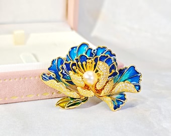 Enamel 3D Blue Peony Brooch Natural Freshwater Pearl & CZ • 18K Gold Plated • Best Gift For Her • Best Gift Idea • Best Gift for Mother