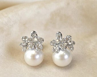 Floral Süßwasser Perle Tropfen Ohrringe | S925 Silber | 18K Vergoldet | CZ Akzente | Brautschmuck | Hochzeitsgeschenk