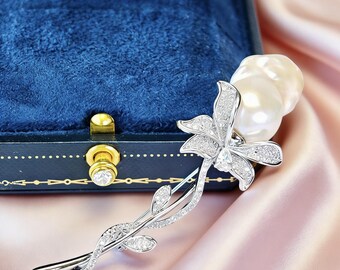 Broche de rosa con perla barroca natural / Diamante simulado redondo talla brillante / Nácar / Bañado en oro blanco de 18 quilates / Regalo para ella
