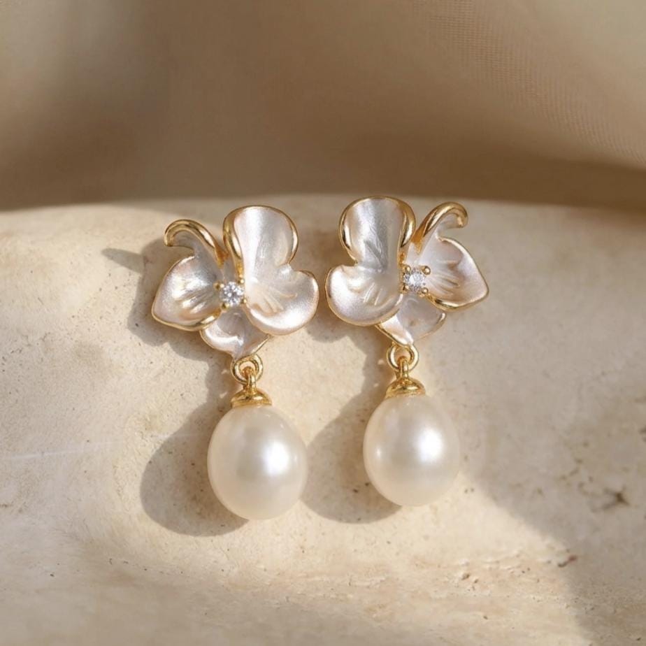 Magnolia Enamel Natural Waterdrop Pearl Dangle Earrings 925 Silver 18K Gold Plated CZ Accents Wedding Jewelry