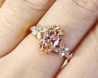 1.75 Ct Imitation Marquise-cut Padparadscha Accents Simulated Diamond Ring Solid 925 Silver with 18K Yellow Plated | Gemstone Cocktail Ring