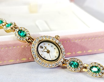 Oval Case Mother of Pearl Dial Face Halo Ladies Bracelet Watch | Emerald Halo | 18K Yellow Gold Plated | Gemstone Watch | Gift Watch