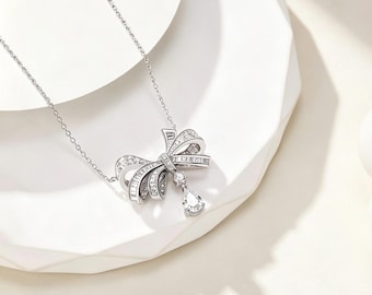 Sparkling 3D Bow Teardrop Simulated Diamond Pendant Necklace | Solid Silver 18K White Gold Plated | Wedding Jewelry | Gift For Her
