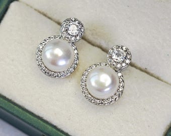 Halo Süßwasserperle Brilliance Ohrstecker | S925 Silber | 18K Vergoldet | CZ Akzente | Hochzeitsschmuck | Brautschmuck