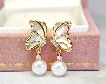 Flügel der Ausstrahlung Perle Eleganz | Perlmutt Schmetterling Süßwasser Perle Tropfen Ohrringe | 18K Vergoldet | CZ Akzente |