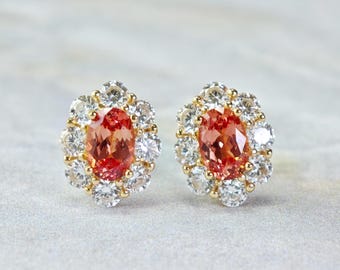 Orange-pink Oval Padparadscha Sapphire Halo Round Brilliant-cut Diamond Stud Earrings | Solid 925 Silver Yellow Gold Plated | Gemstone |