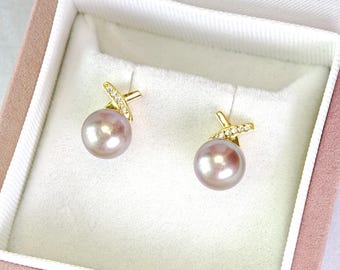 Pendientes de perla de agua dulce Edison morada de 8-9 mm / Plata maciza 925 / Baño de oro amarillo / Detalles de diamante simulado