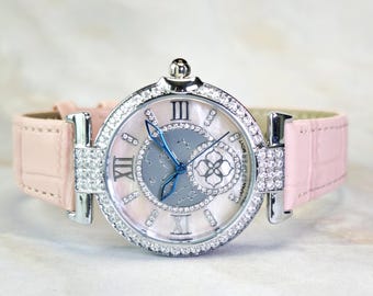 Starlight Bloom Diamant-Damenuhr | Perlmutt Zifferblatt | 18K Weißgold überzogen | Armband rosa | Mode Zeitmesser