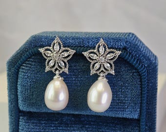 Natürliche Süßwasserperle Waterdrop Florale Ohrringe | S925 Silber | 18K Vergoldet | CZ Akzente | Brautschmuck | Hochzeitsgeschenk |