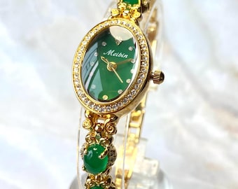 Oriental Style Natural Jade Accents Round Brilliant-cut Simulated Diamond Gold Tone Bracelet Ladies Dress Watch