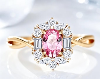 Radiant 6*4mm Oval-cut Padparadscha Sapphire Halo Ring | Accents Multi-cut Simulated Diamond | S925 Silver 18K Rose Gold Plated
