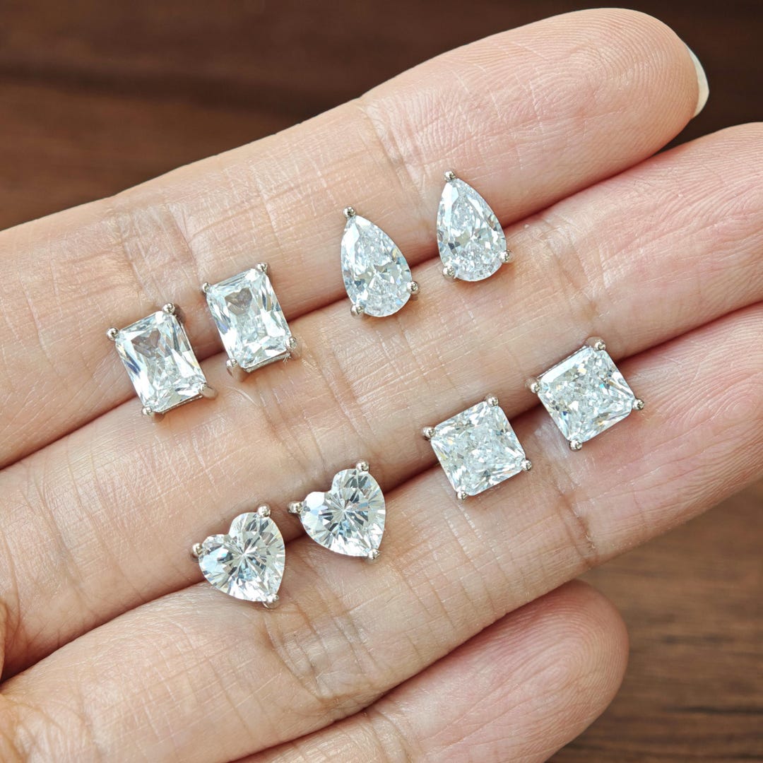 1 Carat Emerald Heart Princess Pear Cut Simulated Diamond Stud Earrings ...