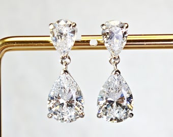 Schlichte 2.0 + 0.75 Karat Tropfenschliff Simulierter Diamant Ohrringe Massiv 925 Silber mit 18K Weißgold | Hochzeitsschmuck