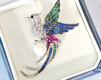 Celestial Bird Brooch with Colorful Gemstone | White Pearl | 18K Gold Plating | Gift for Her | Gift Ideas |