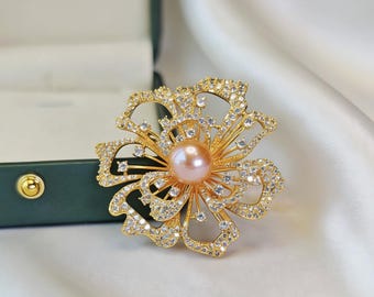 Broche floral de perlas rosas de agua dulce Edison naturales / Diamante simulado redondo talla brillante / Bañado en oro rosa de 18 quilates / Regalo para ella