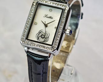 Mother of Pearl with Camellia Dial Face Round Brilliant-cut Simulated Diamond Black Genuine Leather Wristband Strap Ladies Fashion Watch