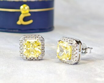 Funkelnde 2.0ct Kanariengelbe Princess Cut Simulierte Diamant Halo Ohrstecker Massiv 925 Silber mit 18K Weissgold Plattiert