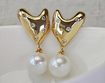 Natürliche Süßwasser Edison Perlen Herz baumeln Ohrringe | S925 Silber | 18K Vergoldet | Akzente Simulierter Diamant | Modeschmuck