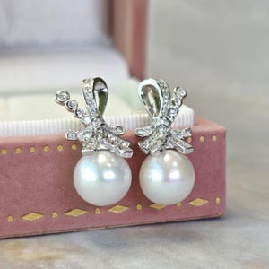 Laila 10-11mm Natural Freshwater White Edison Round Pearl Earrings | Ribbon Bow | 925 Silver 18K Gold Plated | Unique Handmade Design