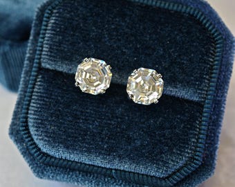 Pendientes de botón con diamantes de imitación de talla Asscher octogonal de 3 quilates en plata maciza 925 bañada en oro blanco de 18 quilates.