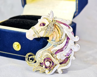 Golden Fantasy Unicorn Brooch | Enamel Paint | Accents Cubic Zirconia & White Pearl | 18K Yellow Gold Plating | Gift for Her