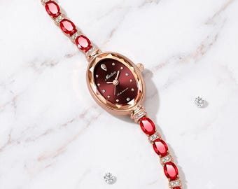 Oval Case Deep Red Dial Face Ladies Bracelet Watch | Oval-cut Ruby Accents Round-cut Simulated Diamond | 18K Rose Gold Plated | Gift For Her