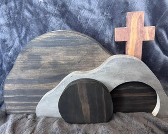 Wooden Resurrection Set – Empty Tomb with Rolled Away Stone – Christian Easter Décor, Handmade Bible Scene, Religious Gift
