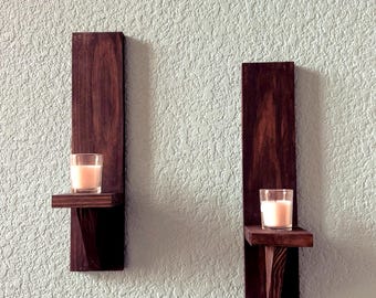Ebony Stained Wall Sconces: Handmade Wooden Candle Holders with Shelf