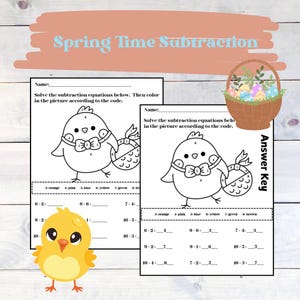 May include: A printable worksheet with a color-by-number activity featuring a chick holding a basket of eggs. The worksheet includes a code that assigns a color to each number. The worksheet is titled "Spring Time Subtraction".