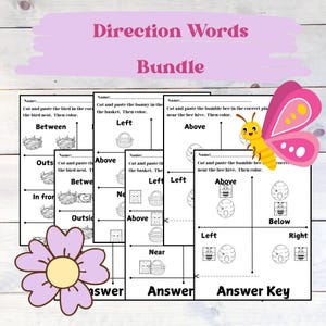 May include: A printable worksheet set for teaching directional words. The worksheets feature a bird, a bunny, and a bumble bee. The words "above", "below", "left", "right", "between", "near", "outside", and "in front of" are used in the instructions.