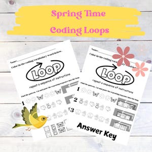 Puede incluir: Hoja de trabajo imprimible en blanco y negro con la palabra "Bucle" e instrucciones para colorear la palabra y encontrar el patrón. La hoja de trabajo tiene un tema primaveral con imágenes de mariposas, flores, pájaros y nubes.