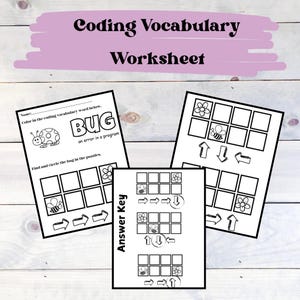 May include: A black and white worksheet with the title "Coding Vocabulary Worksheet". The worksheet has a definition for the word "bug" and a coding puzzle with a bee and flowers.