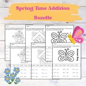 May include: A set of four printable worksheets featuring spring-themed color-by-number activities. Each worksheet includes a different image: a watering can, a birdhouse, a butterfly, and a butterfly. The worksheets are designed for children to practice addition equations and color the images according to the answers.