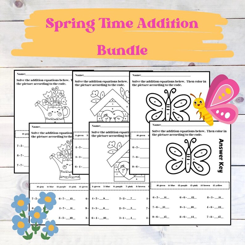 Math Addition Review Color by Code Worksheet Bundle - Etsy