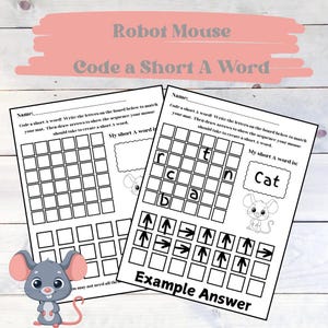 以下が含まれることがあります： ロボットマウスが単語を綴るために取るべき順番を示す矢印を描くことで、子供たちがコーディングを学ぶための印刷可能なワークシート。単語「猫」の文字をグリッドに書き込みます。ワークシートには、解答例が含まれています。