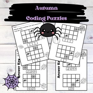 May include: Black and white autumn-themed coding puzzles with a cute spider, pumpkin, and leaves. The text reads "Autumn Coding Puzzles" and "Answer Key". The puzzles feature grids and arrow symbols.
