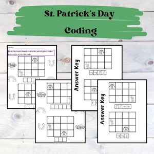 May include: A printable St. Patrick's Day coding activity for kids. The worksheet features a grid with a leprechaun and a pot of gold. The instructions ask the user to draw arrows to help the leprechaun reach the pot of gold. The answer key is included on a separate sheet.