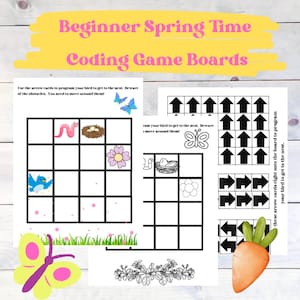 Könnte beinhalten: Ein druckbares Programmier-Spielbrett für Kinder mit einem Vogel, einem Nest, einem Wurm, einer Blume und einer Karotte. Das Spielbrett soll Kindern helfen, grundlegende Programmierkonzepte zu lernen, indem sie den Vogel programmieren, um das Nest zu erreichen.