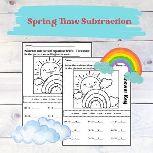 Op de afbeelding: Een printbaar werkblad voor kinderen om aftrekken te oefenen met een kleur-per-nummer-activiteit. Het werkblad bevat een regenboog, zon en wolken. De instructies zijn om de aftrekvergelijkingen op te lossen en vervolgens het plaatje te kleuren volgens de code.
