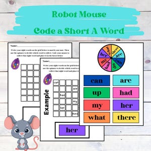 以下が含まれることがあります： 「Robot Mouse Code a Short A Word」というタイトルの教育用ワークシート。ワークシートには、グリッド、サイトワード付きのスピナー、漫画のネズミが含まれています。「can」、「are」、「up」、「had」、「my」、「her」、「what」、「there」という単語が表示されています。