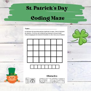 Puede incluir: Una actividad de laberinto de codificación imprimible para el Día de San Patricio para niños. El laberinto presenta un duende, una olla de oro y obstáculos que evitar. Recorta y pega las piezas para crear el laberinto y luego escribe el código para ayudar al duende a llegar a la olla de oro.