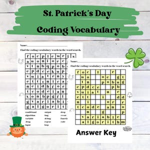 May include: Two printable worksheets with word searches for kids to find coding vocabulary words. The worksheets are themed for St. Patrick's Day with shamrocks and a leprechaun.