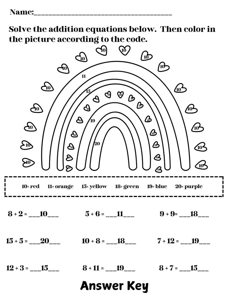 Addition Practice for Sums to 20 Color by Number - Etsy
