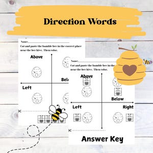 May include: Black and white printable worksheet with a beehive and bumblebees. The worksheet is designed to help children learn directional words like above, below, left, and right.