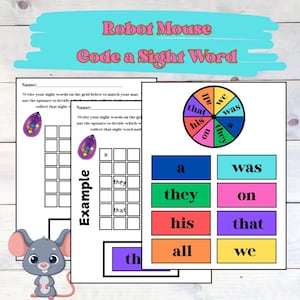 以下が含まれることがあります： 視覚単語を学ぶための子供向けの印刷可能なワークシート。ワークシートには、ロボットマウス、視覚単語のスピナー、単語を書くためのグリッドがあります。視覚単語は次のとおりです。「a」、「all」、「his」、「on」、「that」、「they」、「we」、「was」。