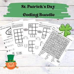 Könnte beinhalten: Ein Satz von vier druckbaren St. Patrick's Day-Programmierarbeitsblättern für Kinder. Die Arbeitsblätter zeigen einen Kobold, Regenbögen und Kleeblätter. Die Arbeitsblätter beinhalten Aktivitäten wie Programmiervokabular, Programmiermuster und Programmieranweisungen.