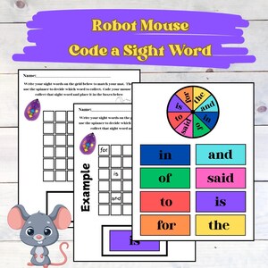 以下が含まれることがあります： ロボットマウス、スピナー、視覚単語を練習するためのグリッドを備えた、子供向けの印刷可能な教育ゲーム。単語には、「for」、「the」、「and」、「in」、「of」、「said」、「to」、「is」が含まれています。
